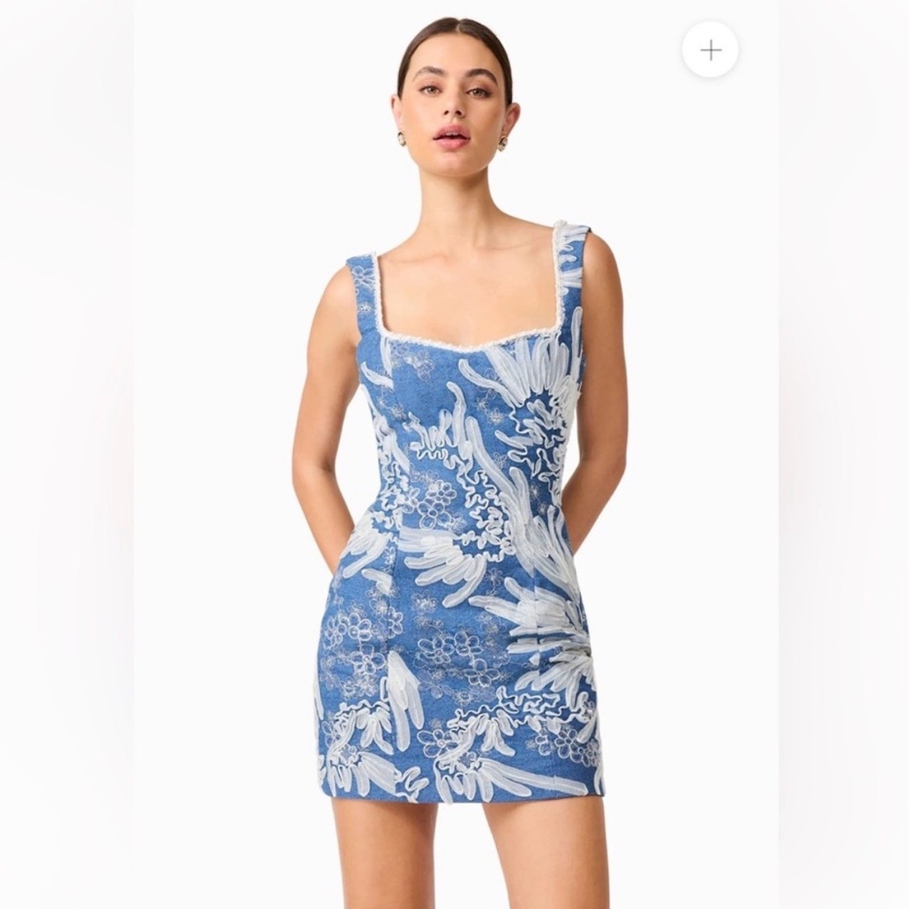 elliatt anneliese blue denim pearl & ribbon embroidered mini dress large NEW - Picture 2 of 12